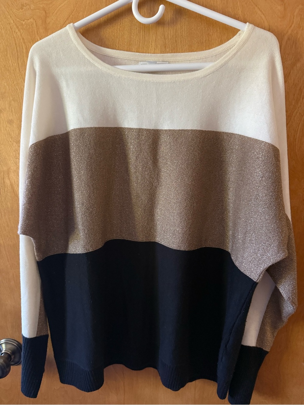 New York & Company Colorblock Crewneck Sweater in White, Brown, Black